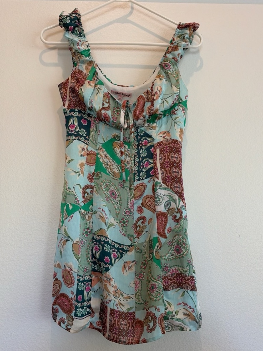 Boho Patchwork Paisley Mini Dress - Mint Green